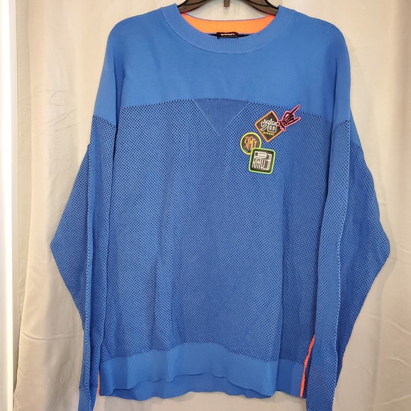 Vintage Diesel Mens Blue‎ Crew Neck Long Sleeve Pullover Knit Sweater Patches